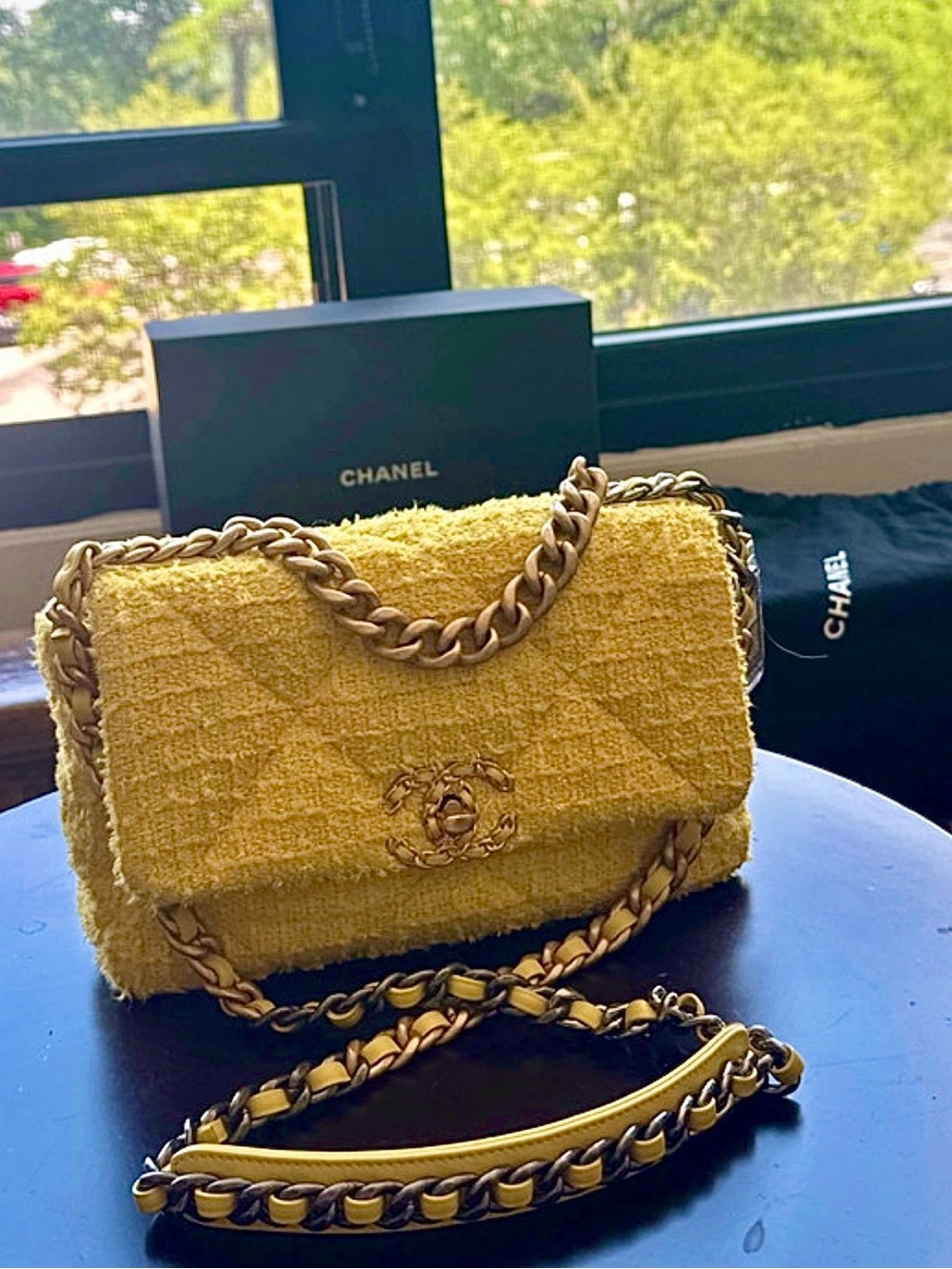 CHANEL 19 Yellow Tweed Medium Flap Bag with Gold and Silver Chain